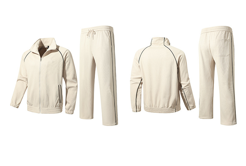 Completo casual da uomo alla moda con colletto alto, giacca, pantaloni a gamba larga, modello cardigan dal design ampio abbinato a pantaloni sportivi_voghion.com