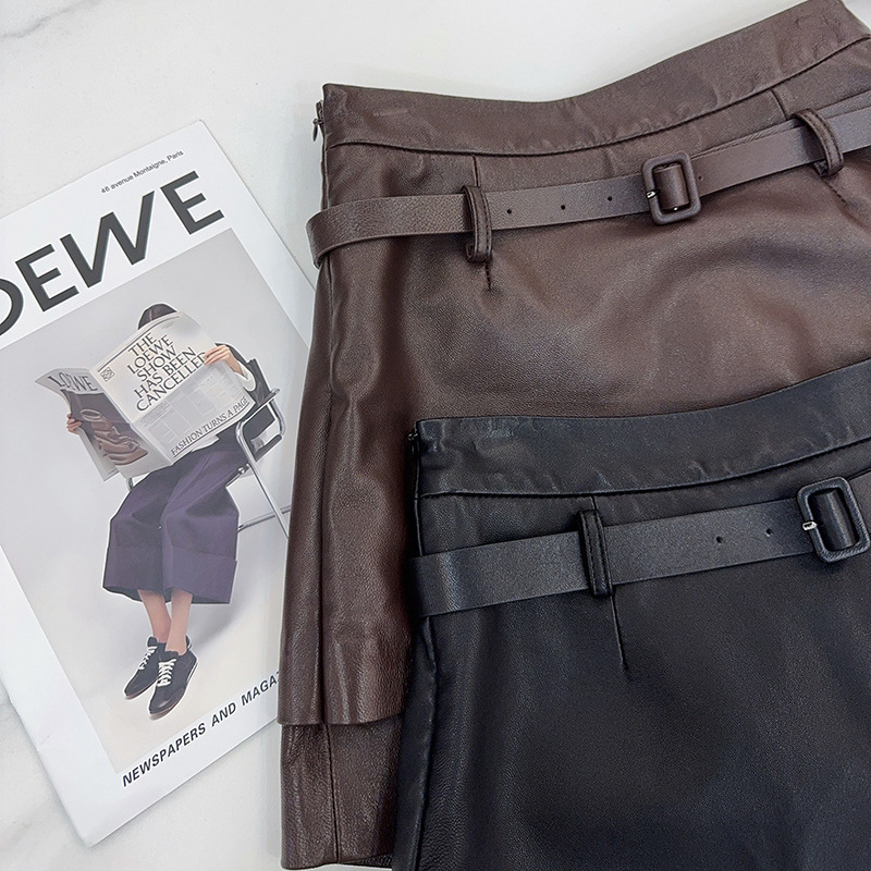 Real Leather Culottes Women's Goatskin Vegetable Tanned Leather Pants High Waist Slim Shorts 2025 Autumn New Korean Style Casual Pants