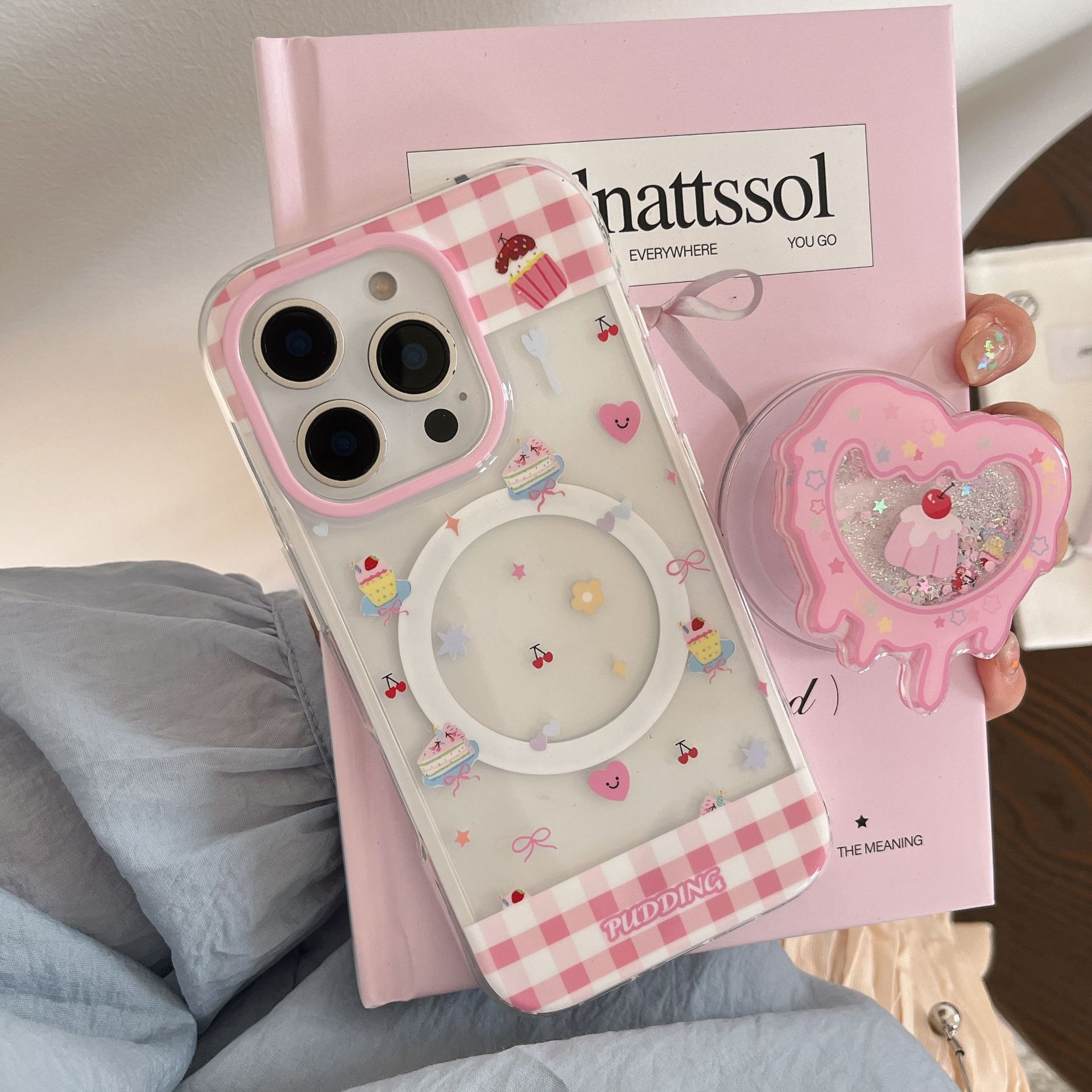 Postre de costura de cuadros en polvo de dibujos animados para Apple 16ProMax funda para teléfono móvil 15Pro transparente 14/13 magnético 16