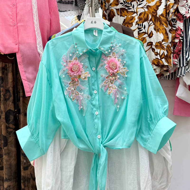 French-Style Heavy Beading and Sequin Floral Sun Protection Shirt for Women, 2026 Summer New Lace-Up Shirt with Three-Quarter Sleeves French-Style Heavy Beading and Sequin Floral Sun Protection Shirt for Women, 2026 Summer New Lace-Up Shirt with Three-Quarter Sleeves