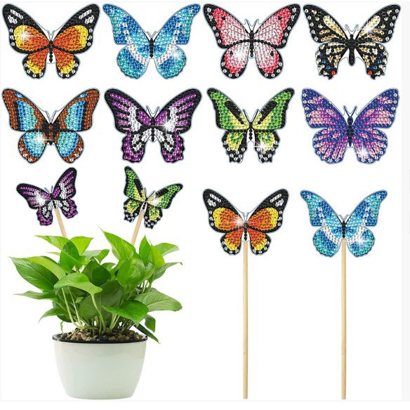 Estacas decorativas para macetas con diseño de flores para decoración de plantas en el hogar y escritorio, fabricante de estacas de jardín hechas a mano con pegatinas de diamantes DIY.