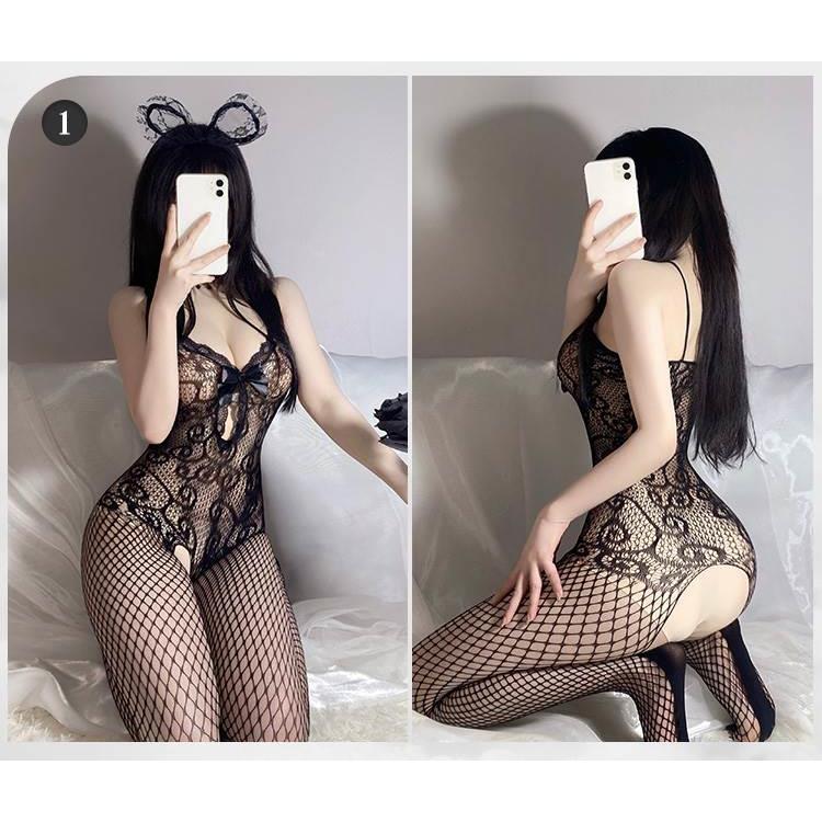 Plus-Size Full-Body Bodysuit with Open Crotch, Easy to Put On, Sexy Black Lingerie with Suspenders, No Need to Take Off