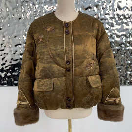 秋冬新款新中式国风鹅绒服水貂毛复古重工订珠花保暖圆领外套女时