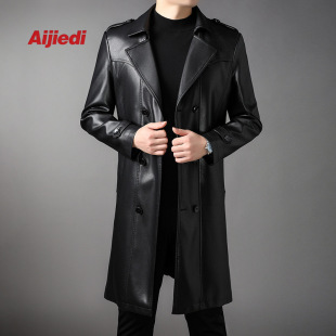 fleece-lined middle-aged coat casual fashion long coat leather spring and autumn 2024 leather men's knee business trench coat men's clothing