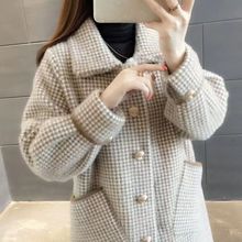 必买秋冬穿搭仿水貂绒新款外套女宽松千鸟格针织开衫百搭毛呢大衣