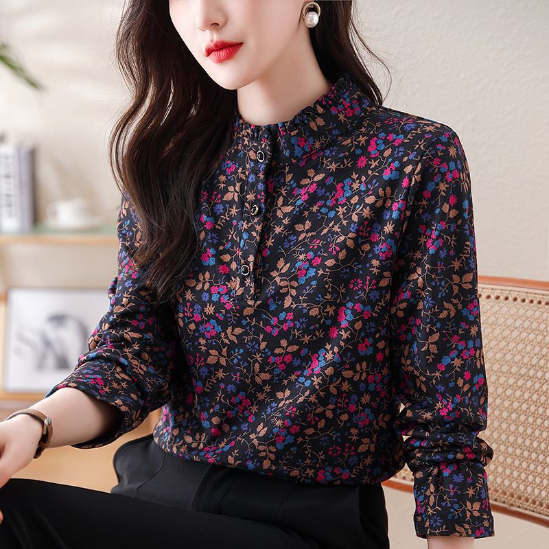 Long-Sleeved Floral Shirt for Women Spring New Style Stand-Up Collar Mother's Temperament Large Size Top Age-Reducing Beautiful Shirt