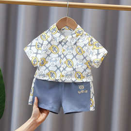 棉麻男童夏装套装男孩2023新款帅气时髦儿童衬衫宝宝衣服夏季短袖