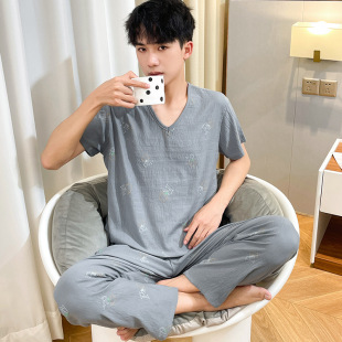 Summer Cloud Cotton Pajamas Men's Short-Sleeved Suit Loose Youth Plus Size Breathable Thin Home Clothes