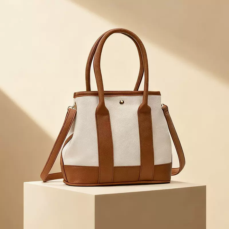 厂家新款PU女包mini百搭帆布花园包23cm手提托特包拼接时尚百搭