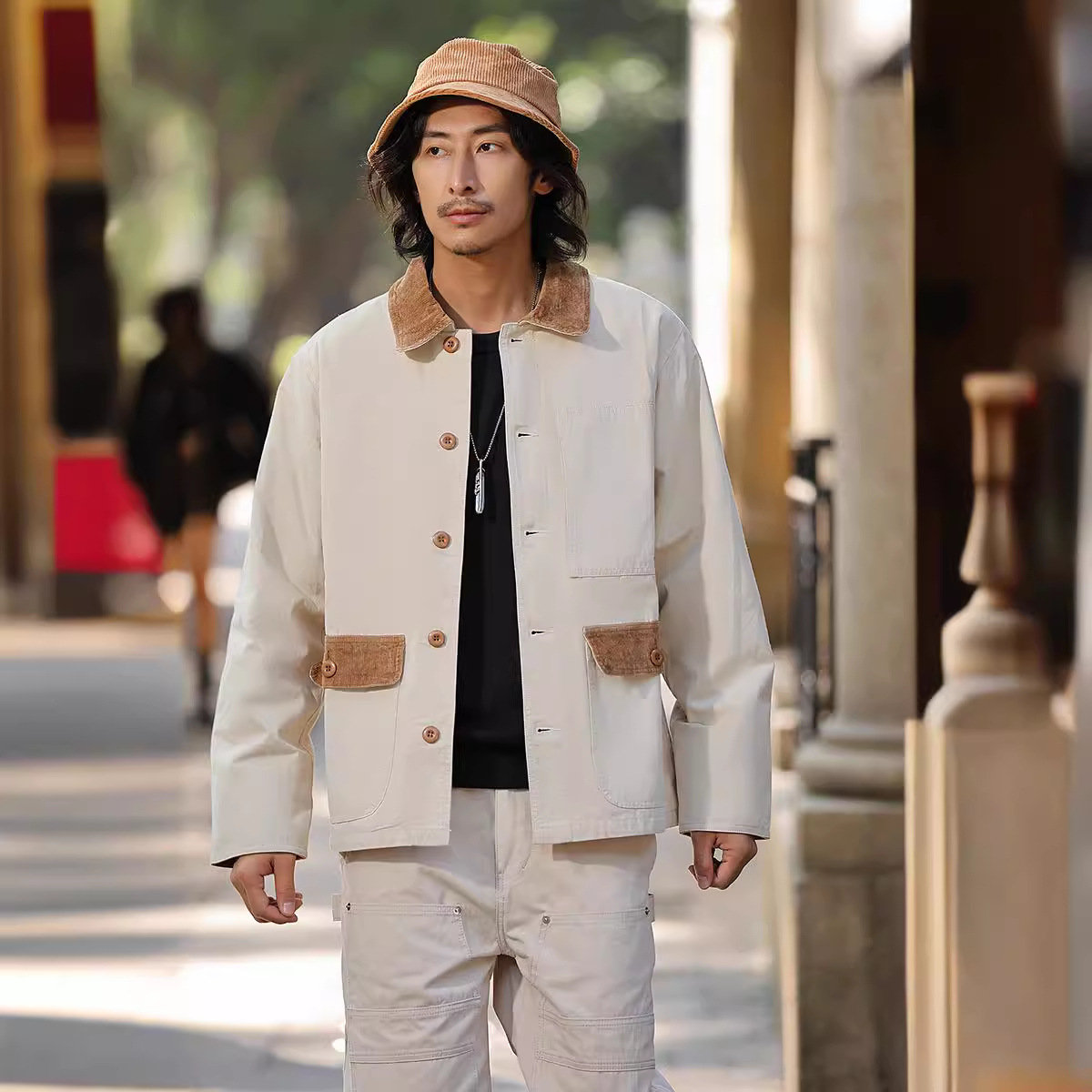 Lote especial OKONKWO Chaqueta de trabajo de lona con cuentas de ferrocarril Chaqueta de trabajo con cuello de pana a juego