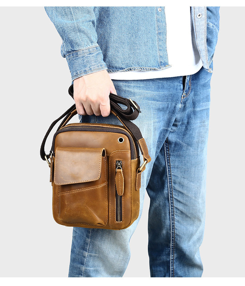 Túi đeo chéo nam da bò thật 17,5×5×21,5 cm kiểu mới đeo vai công sở — 7512 Đen vân vải, Cà phê, Cà phê đậm 7512, Màu nâu chi tiết 15