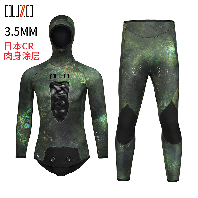 3.5mm two-piece wetsuit, OUZO Japan CR thickened cold-proof and warm freediving wetsuit, camouflage fishing suit