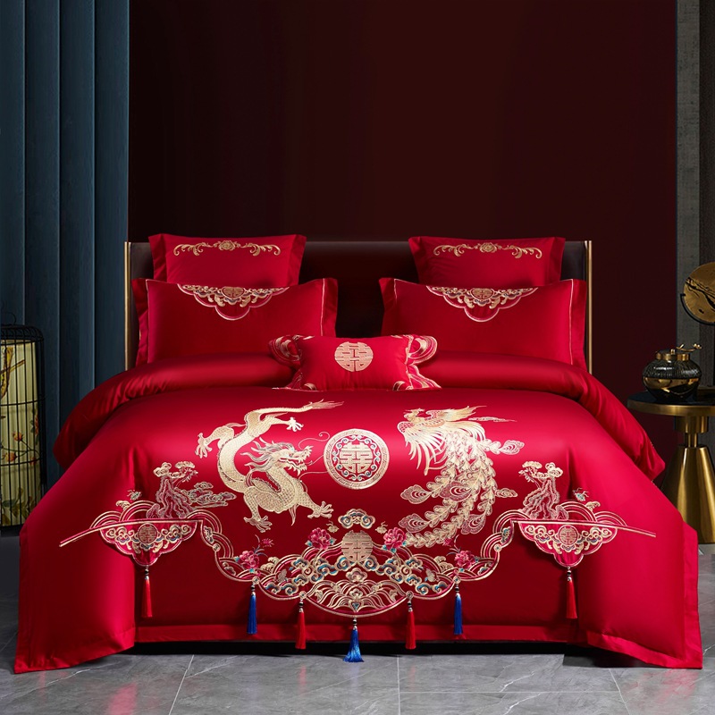 algodón molido de alta gama, bordado de bodas, algodón puro, cuatro piezas, ropa de cama de boda roja, lujo ligero