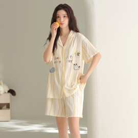 夏季新款莫棉女士短袖短裤开衫翻领睡衣卡通休闲女家居服图片色
