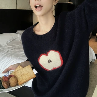 张贝贝ibell羊绒＋浣熊绒苹果提花圆领毛衣落肩长袖休闲针织上衣