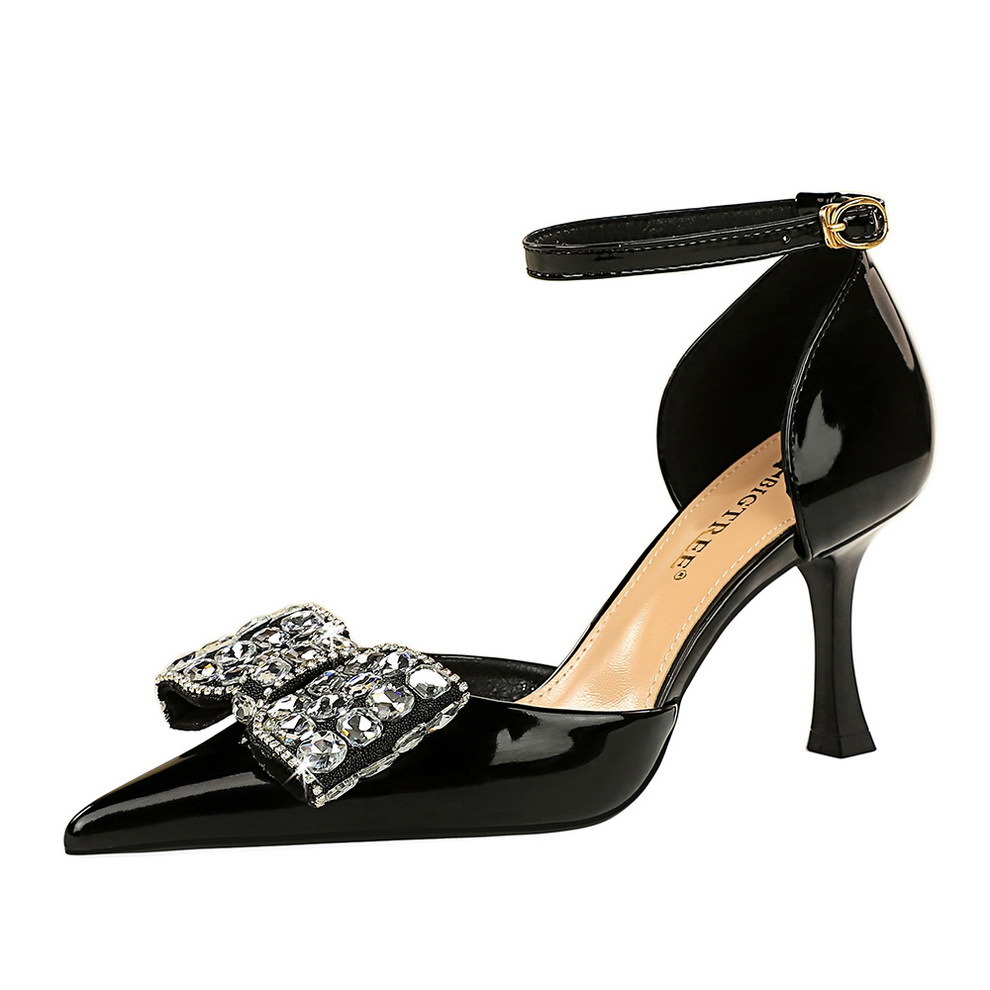Sandali eleganti da donna con tacco strass e fiocco a punta_voghion.com