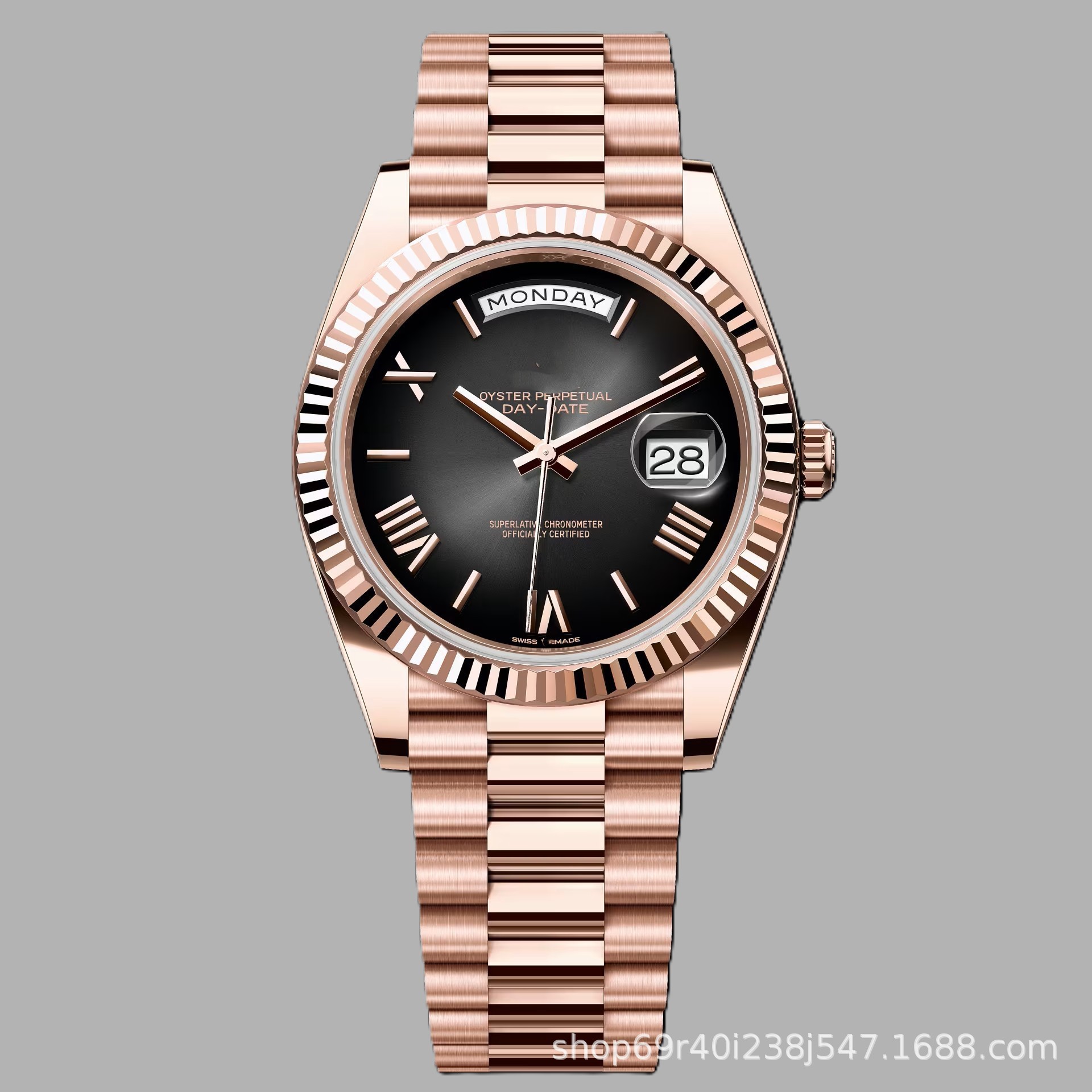 Rolex Day-Date üslubunda qol saatı, roz qızıl bezel və Roma rəqəmli