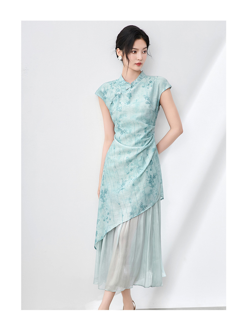 Đầm sườn xám maxi giả hai mảnh họa tiết hoa văn tối màu xếp li bóng gạc — Màu hồng chi tiết 7