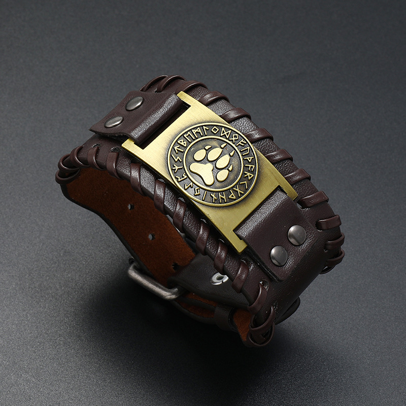 Simple Viking totem bear claw leather bracelet