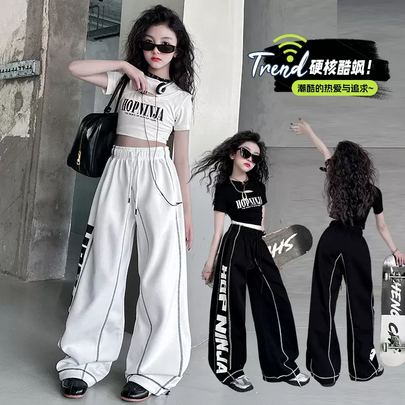 跨境女童夏款爵士舞蹈服街舞潮酷时尚嘻哈印花街舞运动休闲裤套装