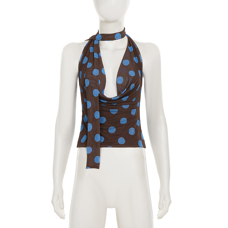 Polka Dot Print Swing Collar Small Sling Sexy Big Backless Scarf Lace up Vest Top for Women