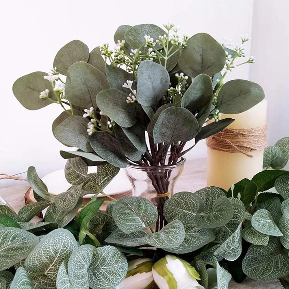 Simulación de hojas de eucalipto, hojas de eucalipto con ramas cortas con frutas, hojas de oro, hojas de bricolaje, plantas de simulación nórdica al por mayor, plantas verdes