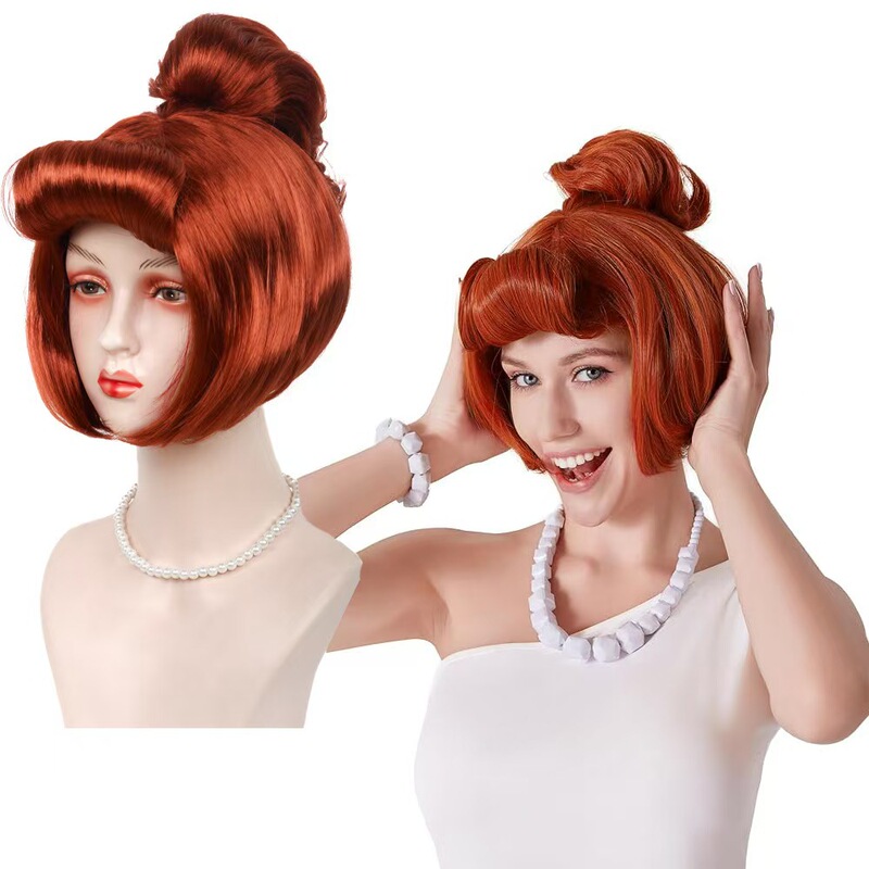 Halloween cosplay: Modern Primitive Wilma Flintstone red-brown wig, retro short hairstyle, tiger-mouth clip-on ponytail Halloween cosplay: Modern Primitive Wilma Flintstone red-brown wig, retro short hairstyle, tiger-mouth clip-on ponytail