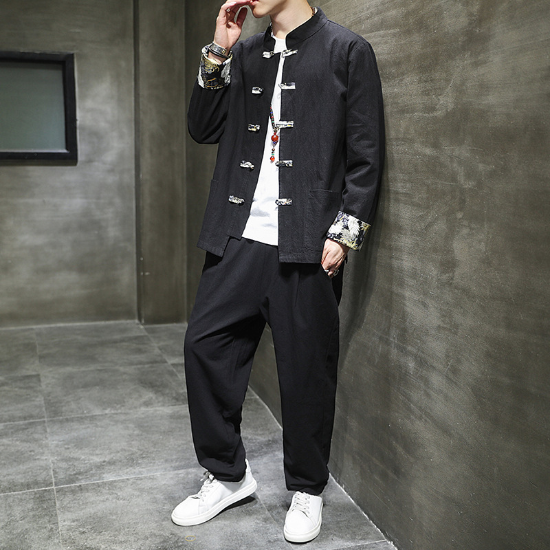 Spring Cotton and Linen Tang Suit Two-piece Set Men's Chinese-style Buckle Embroidered Young Chinese-tunic Vintage Hanfu Suit for Men