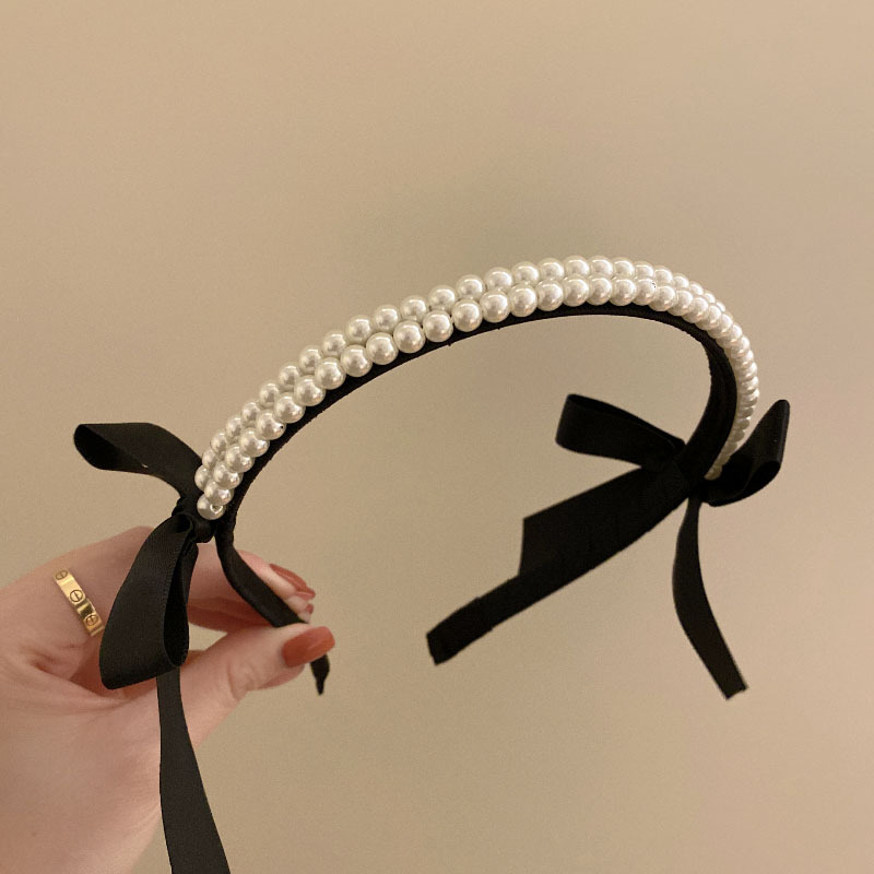 Schwarzes Perlen-Stirnband mit Schleife für Damen im Sommer, High-End-Retro-Stil, französischer Stil, elegantes Presse-Stirnband, koreanische Kopfbedeckung für Frauen_voghion.com