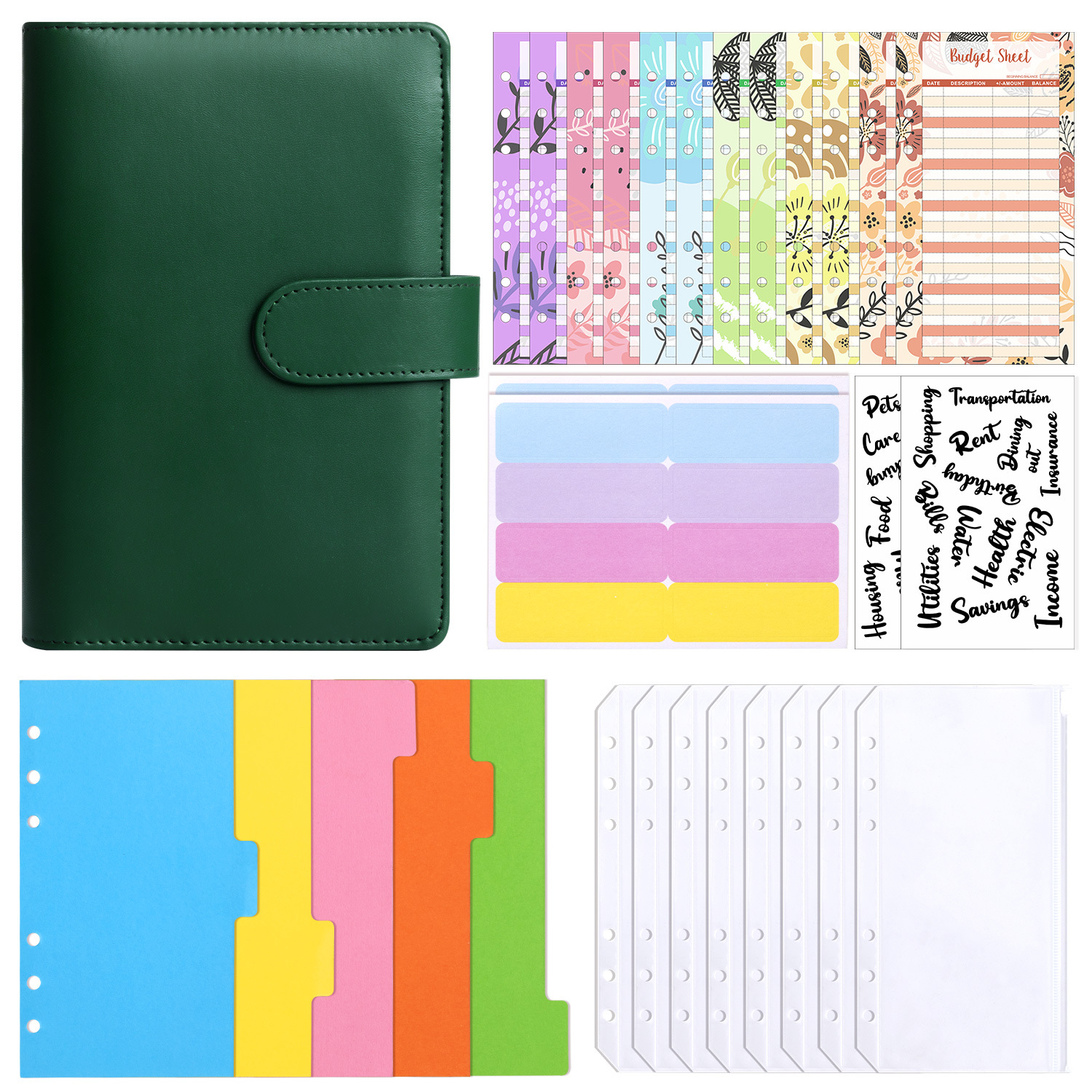 Presupuesto transfronterizo Cash Clip de hojas sueltas Bolsa con cremallera Sobres Libro de cuentas A6 Macarons PU Cuaderno de hojas sueltas de cuero
