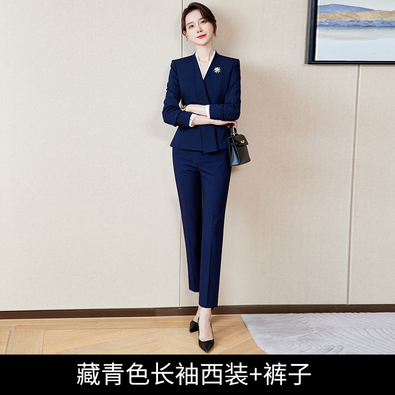 藏青色职业套装西服女OL气质医美咨询师售楼部物业前台接待工作服|undefined