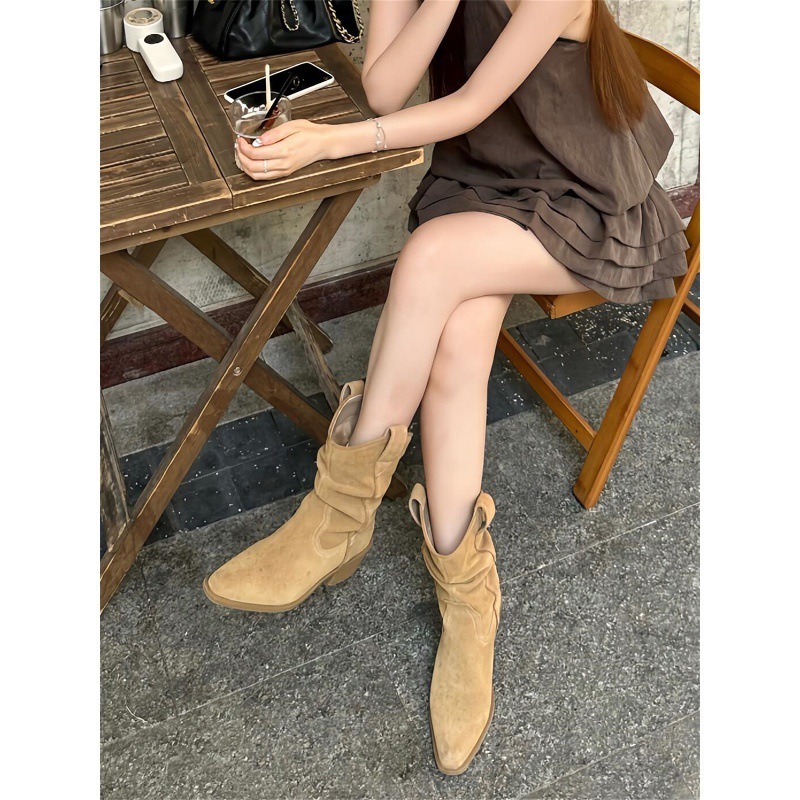 法式复古尖头短靴女2025新款堆堆靴美拉德配裙子西部牛仔靴|undefined
