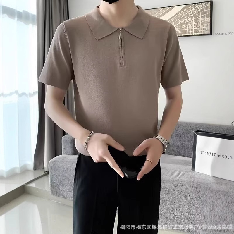 Half-Zip Shirt Polo Shirt Short-Sleeved Men's Lapel Seersucker Ice Silk T-Shirt Summer 2025 New Pure Color Half-Sleeve