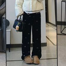 手绘兔子刺绣黑色加绒休闲长裤女秋冬季新款设计感休闲百搭直筒裤