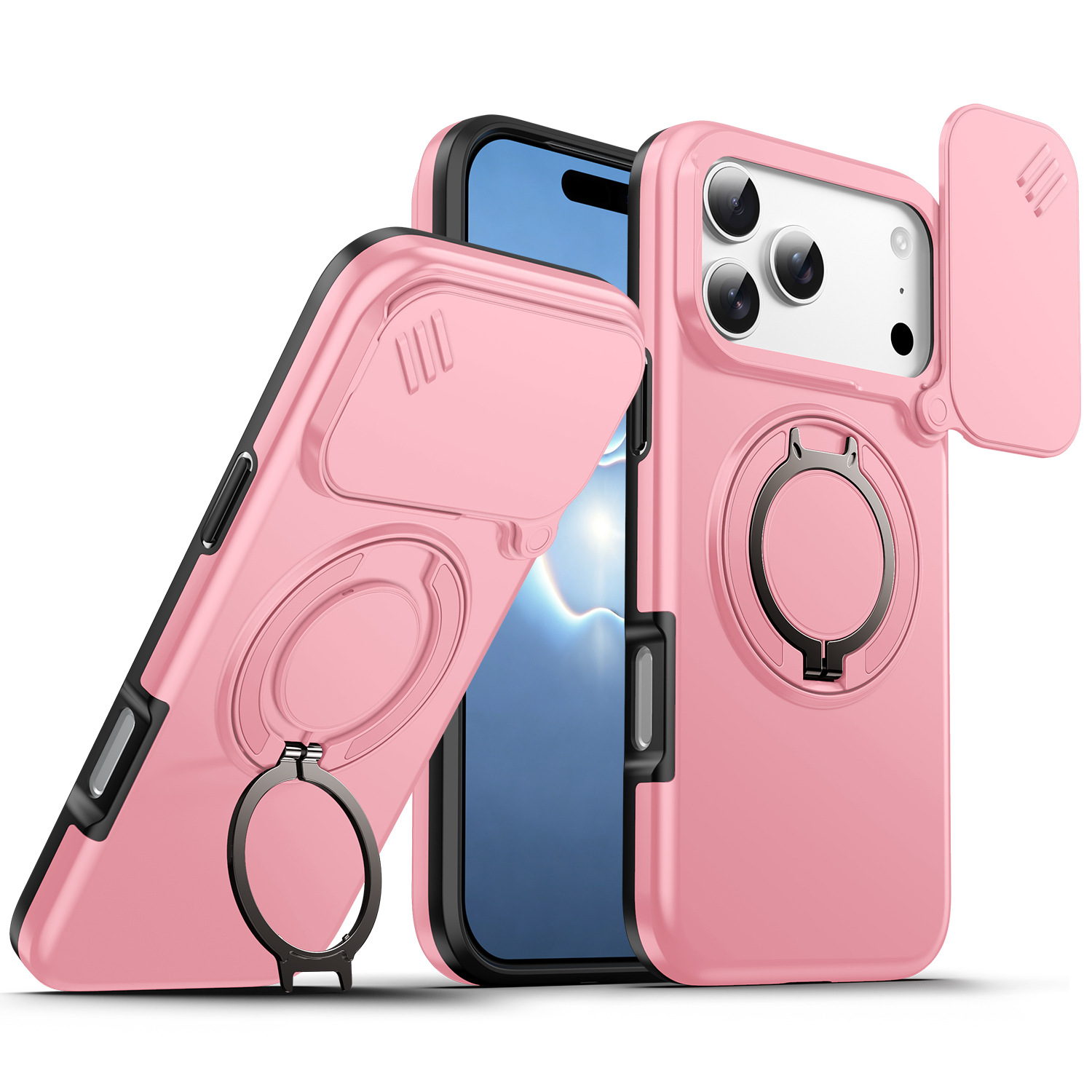 Funda Magnética para iPhone 17 Pro Max 16 15 de PC con Soporte Giratorio 360°, Tapa Deslizante para Lente y Anti-caída