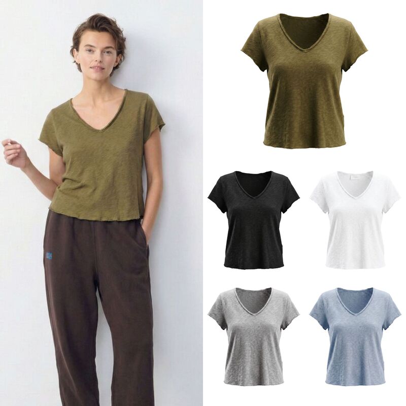 Niche Designer Amv Bamboo Cotton V-Neck Raw Edge Short-Sleeve Textured Vintage Casual T-Shirt by Niche Designer