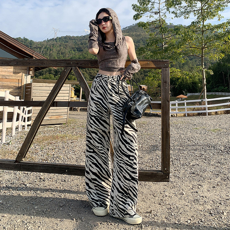 American zebra pattern wide-leg jeans for women's spring new high-waist loose niche high-end draped straight-leg floor pants