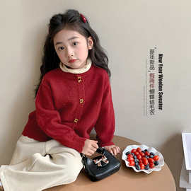 女童拼接立领长袖卫衣中大童秋冬新款假两件针织衫蝴蝶结套头衫潮