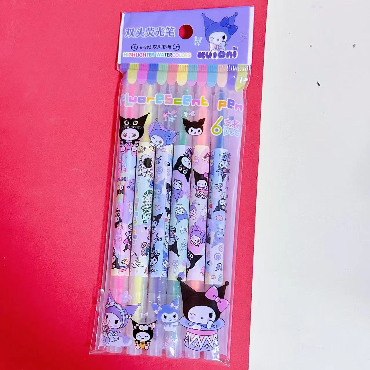 Marcadores de texto Sanrio con diseño de mascotas, marcadores de texto Kuromi de alta calidad para estudiantes, marcadores de texto de gran capacidad, juego de 6.