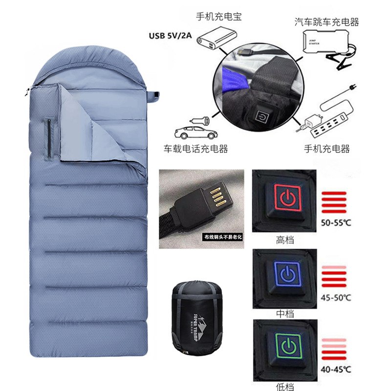 Saco de dormir extensible para campamento al aire libre invierno grueso calentamiento antifrío empalmable USB sobre adulto saco de dormir