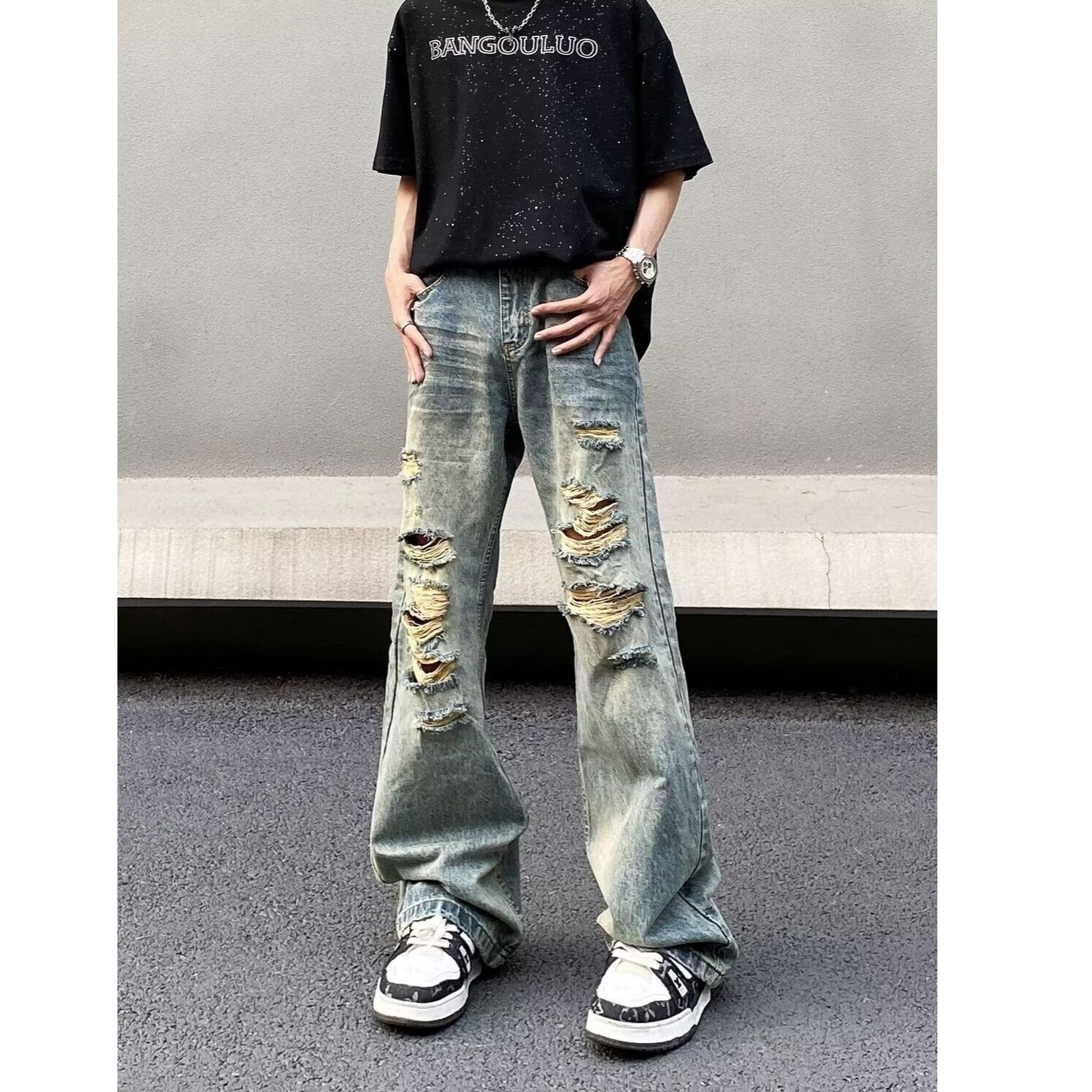 American High Street Yellow Mud Ripped Jeans Men's Summer Straight Slimming Look Slightly Flared Beggar Cleanfit Pants Trendy
