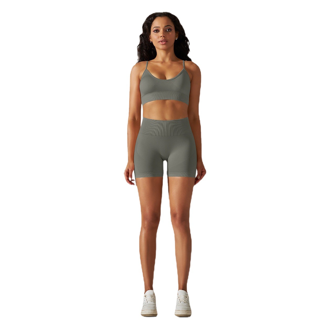 Transfronterizo europeo y americano de color sólido sin costuras de alta elástico apretado melocotón belleza espalda ropa deportiva ropa de yoga pantalones cortos de tres puntos traje de las mujeres