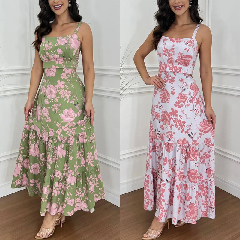 Independent station Amazon European and American women's cross-border sleeveless retro long sleeve temperament suspender printed dress women 8119