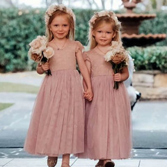 歐美公主蝴蝶袖連衣裙 蕾絲網紗中大童禮服裙 女童甜美百褶裙童裝