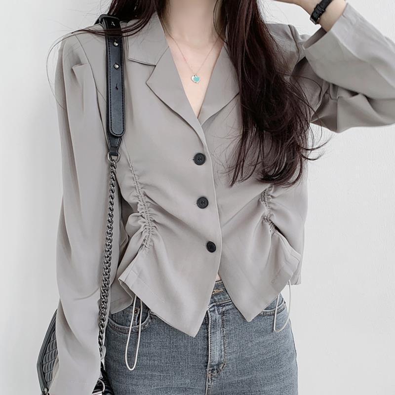 Korean chic Autumn Simple Elegant Lapel Drawstring Fashion Suit Waist Slimming Long Sleeve Small Suit Jacket for Women
