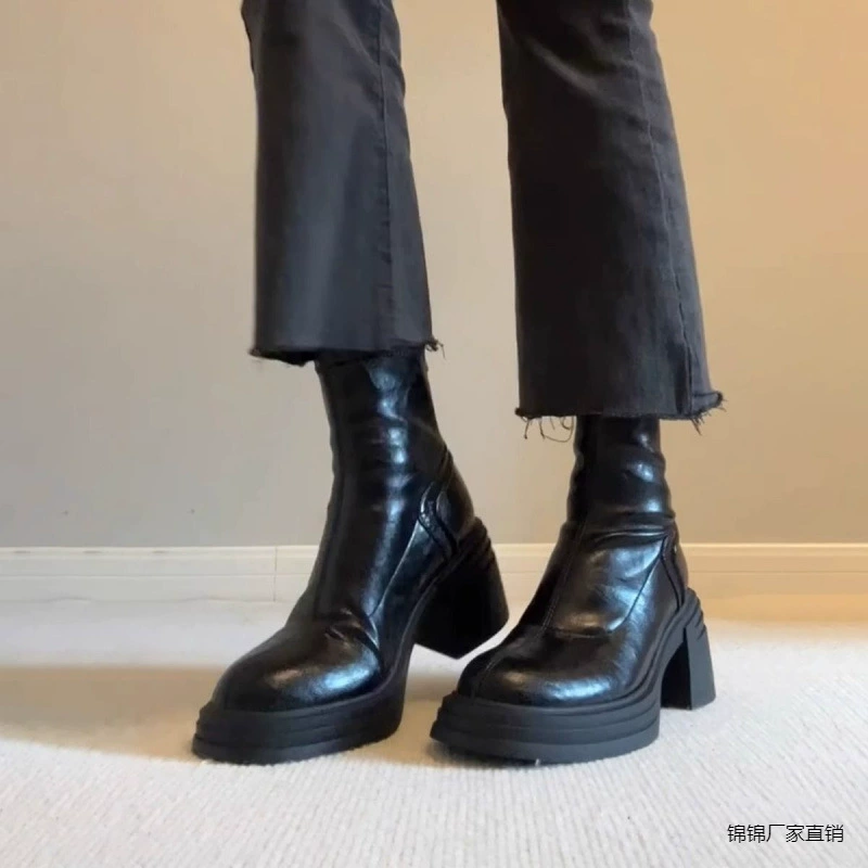 Толстые каблуки маленькие высокие короткие сапоги женские 2024 осень и зима новый британский стиль ретро темперамент