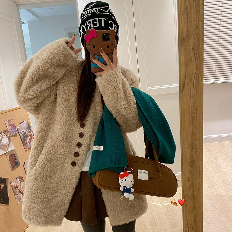 Korean Style V Neck Slimming Look 100 Sheep Wool Mid-Length Lamb Fur All-In-One Fur Women's Winter Fur Outwear