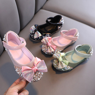 2024 Girls' Single Shoes Spring and Autumn New Casual Color Diamond Bow Small and Middle Children's Dance Shoes Performance Shoes Princess Shoes