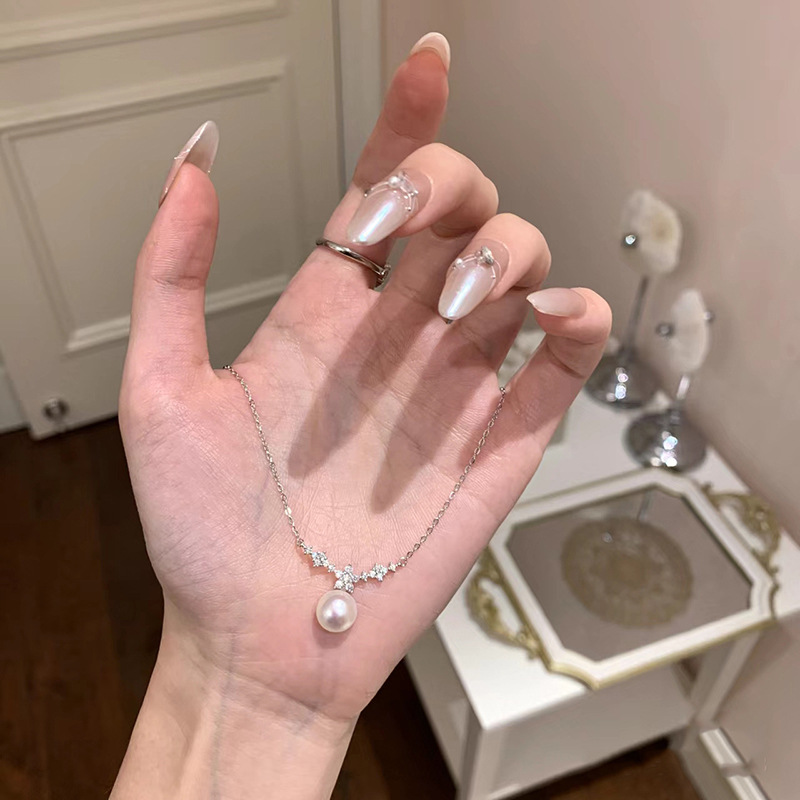 Funkelnde Diamant-Perlen-Anhänger-Halskette für Damen, exklusives Design, einzigartige elegante Schlüsselbeinkette, schlicht und_voghion.com