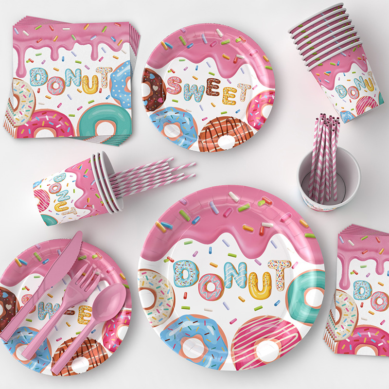 Traje de decoración de taza de papel desechable de Venta caliente transfronteriza donut traje de decoración de fiesta de cumpleaños para niños